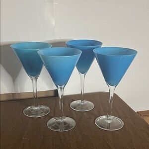 Vintage hand-blown art glass martini glasses pellucid blue